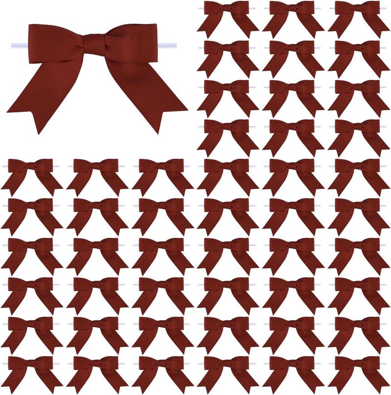 Meseey 50 Pcs 3 Inches Premade Rust Red Grosgrain Ribbon Twist Tie Bow Pretied Craft Bows for Treat Bags Gift Wrapping Basket Wedding Baby Shower Brithday Christmas Party (Rust Red) - Image 1